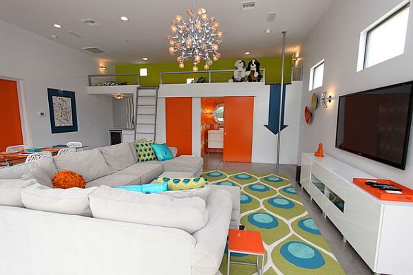 Playful loft living room with bold colors