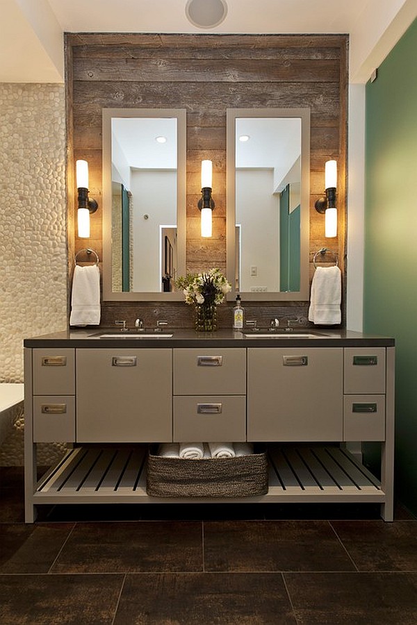 custom vanity with lamps on reclaimed wood wall