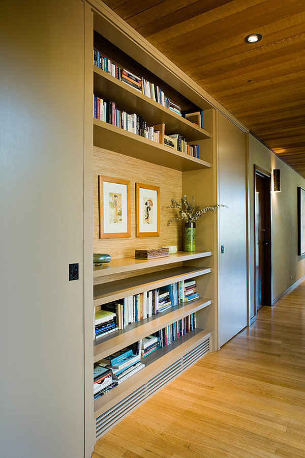 hallway with built-in shelves