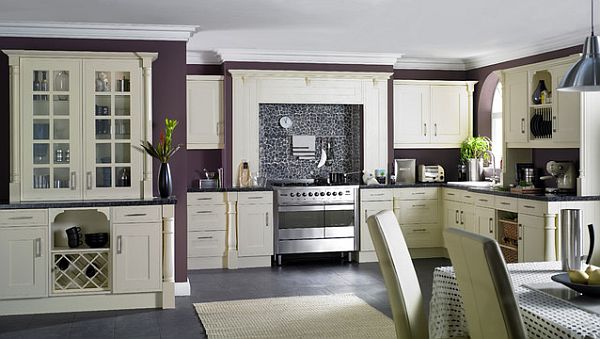 Purple kitchen walls go great with the white furniture