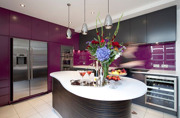 kitchen with purple cabinets and backsplash