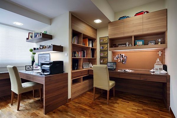 Modern office with built-in bookshelves