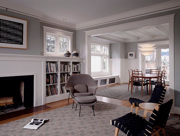 Modern reading room with built-in shelves