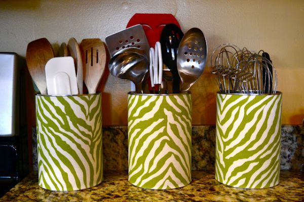 Old cans make great kitchen utensil holders