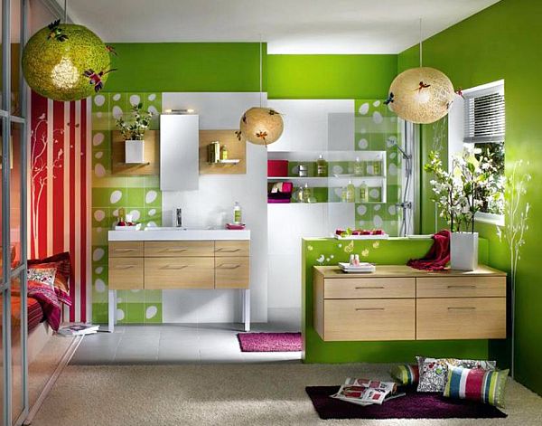 red and lime green bathroom