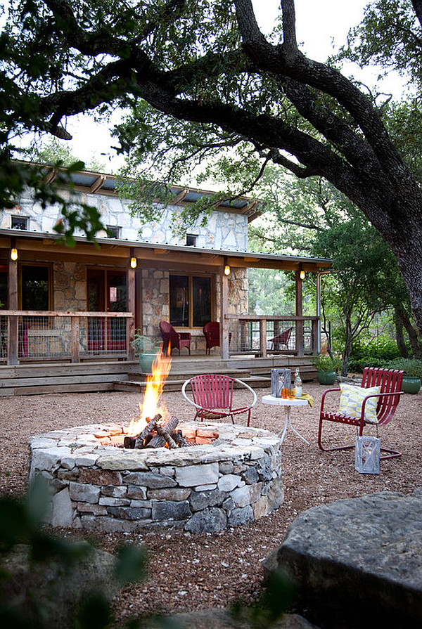 rustic lake house with backyard firepit