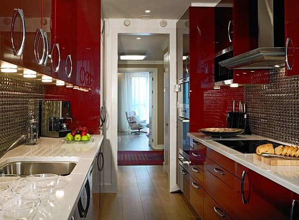 Small kitchen renovation with bold red color scheme