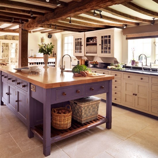 traditional kitchen island in purple