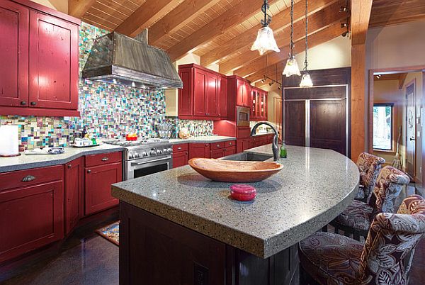 Traditional kitchen with dark red cabinets