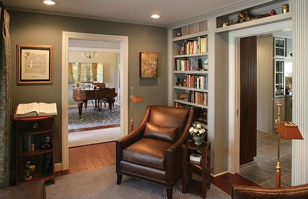 traditional library design with built-in bookshelves