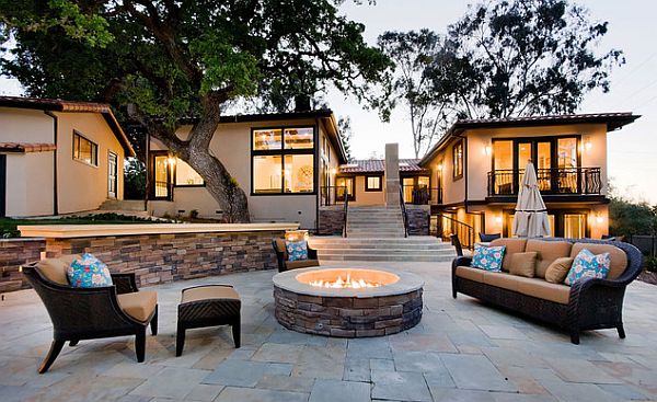 ultra modern patio with stylish firepit