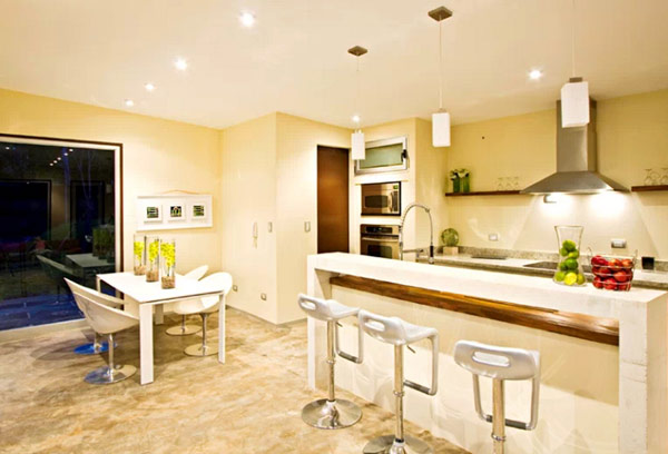 white kitchen with bar stools