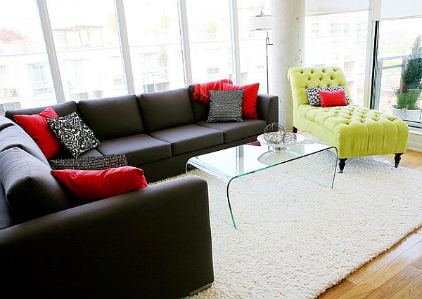 yellow lounge and black L-shaped couch