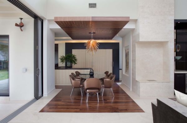 drop ceiling in dark wood above dining table