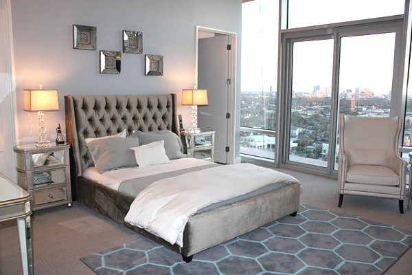Bedroom with a city skyline view