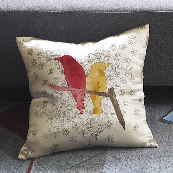 Bird-themed silk pillow cover