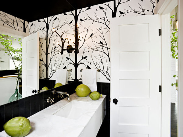 Bold black and white bathroom wallpaper