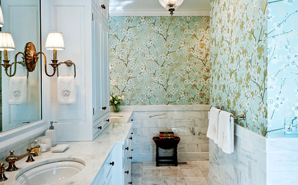 Cherry blossom wallpaper in a powder room