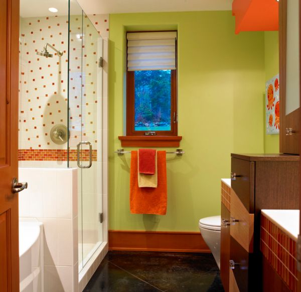 Colorful and stylish kids bathroom with accents of natural wood