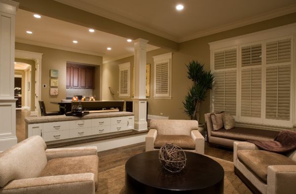 Contemporary family room sporting wooden shutters in neutral tones