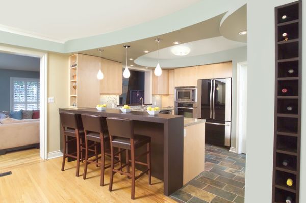 Eclectic kitchen design with island bar and cool blue ceiling