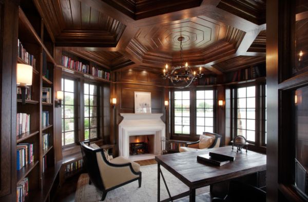 Elaborate ceiling in wood gives this traditional home office a timeless look