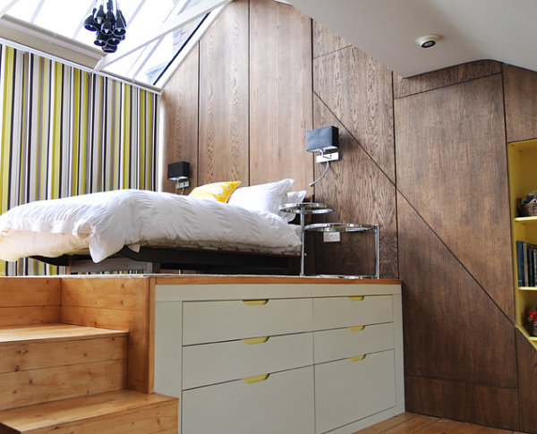 Elevated bed in a loft bedroom