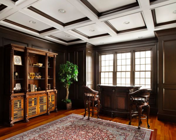 Exquisite wood trim ceiling to match the beautiful hardwood floors in this traditional home office