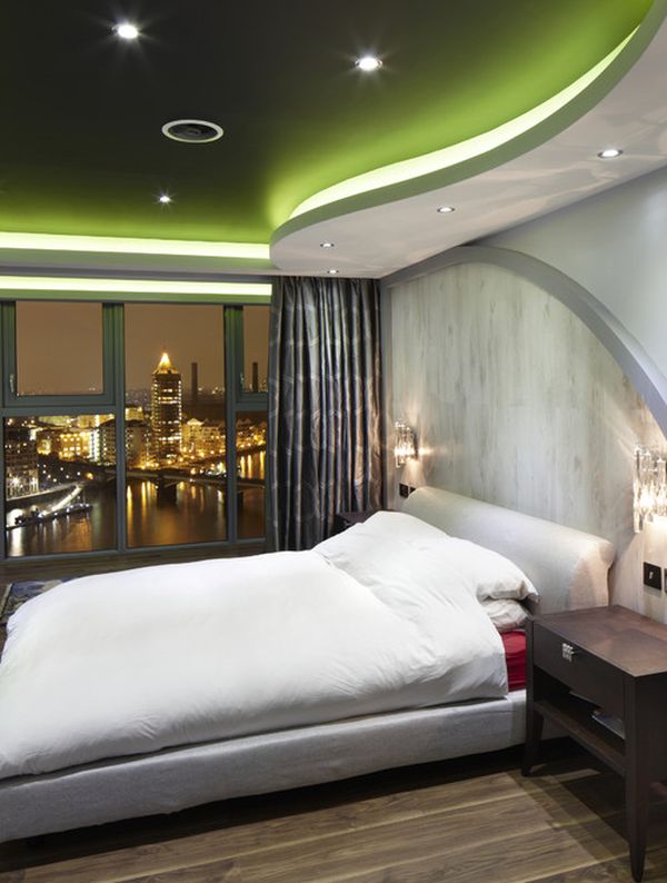 Futuristic-styled contemporary bedroom design with a stunning ceiling