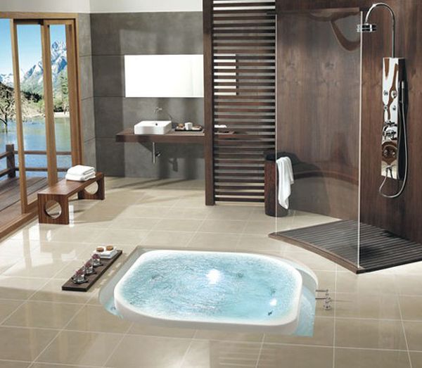 Glass shower space and ergonomic jacuzzi design