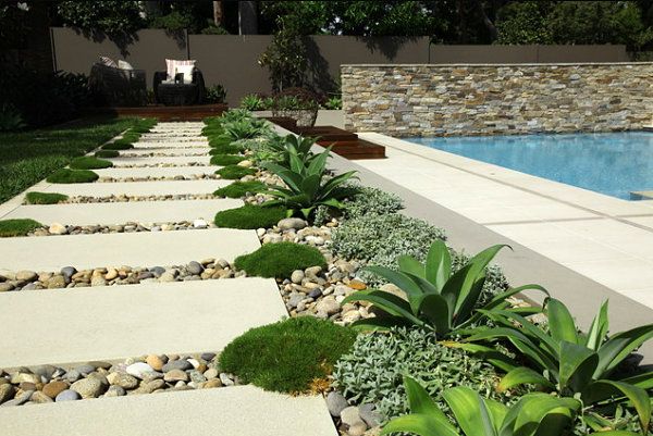 Lined stepping stones in a modern garden