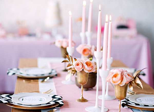 Pink, gold and chevron wedding table