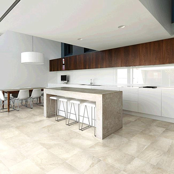 Porcelain tile with the look of travertine