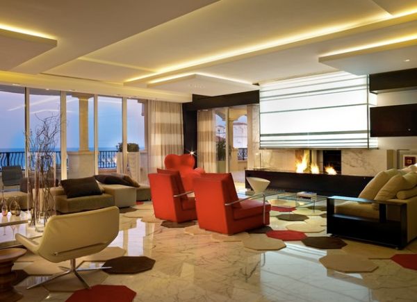 Sizzling living room ceiling is illuminated in warm hues