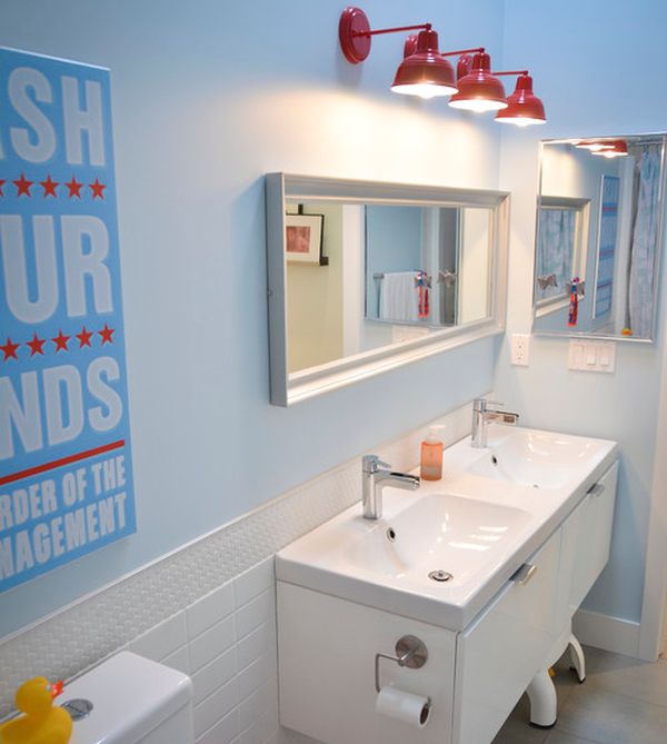 Sleek modern kids' bathroom with interesting lighting choice