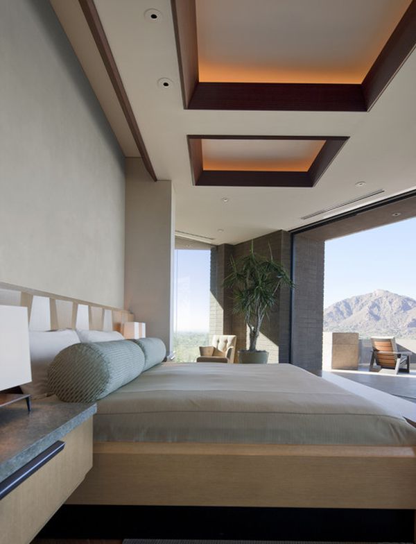 recessed mahogany ceiling squares in bedroom