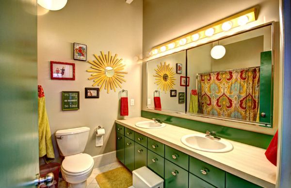 Stunning kids' bathroom with beautiful repurposed green cabinets