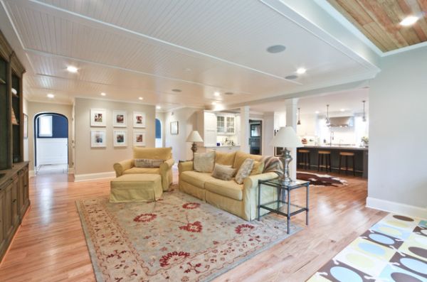 Vaulted bead board ceiling demarcates this living space borders with class