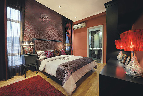 Violet bedroom with red accents