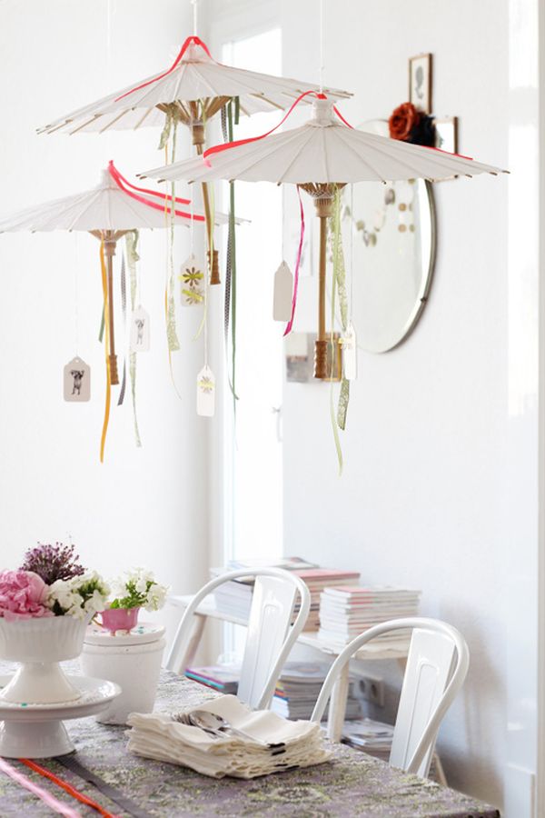 White DIY umbrellas hung from the ceiling make a cool party decoration