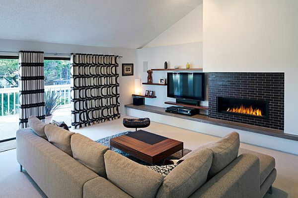 Black and white curtains in a modern living room