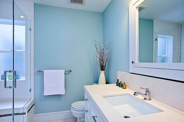 bright blue and white bathroom decor