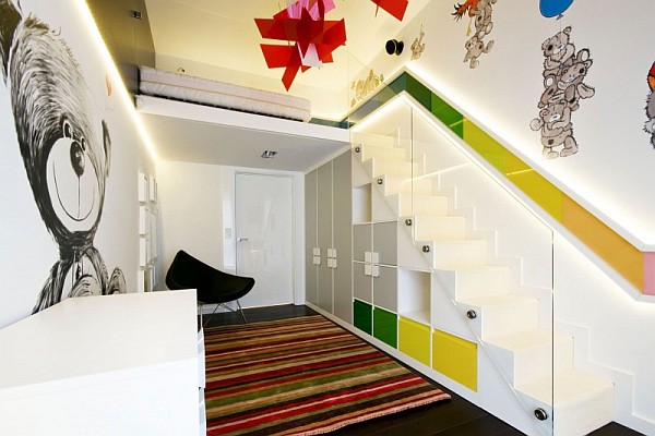 colorful hallway with a white staircase