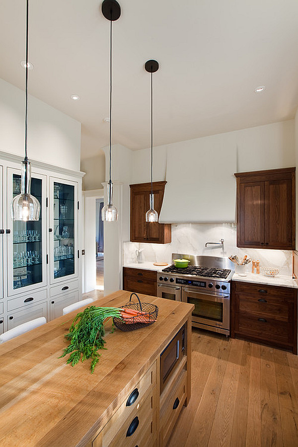 contemporary kitchen with small pendant lamps