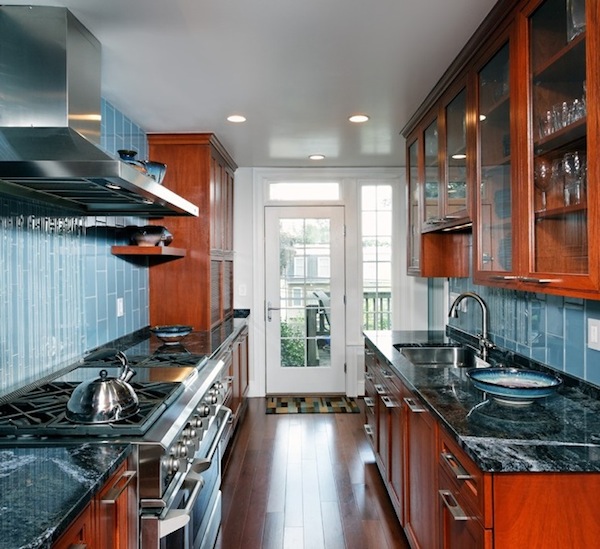 galley kitchen dark wood