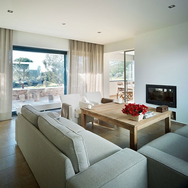 living room with tiles on the floor