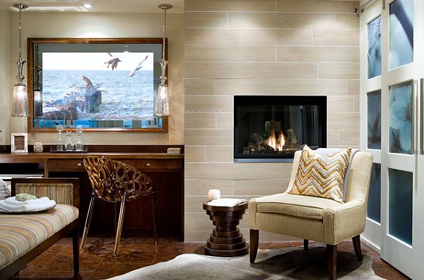 Modern guestroom design with small fireplace