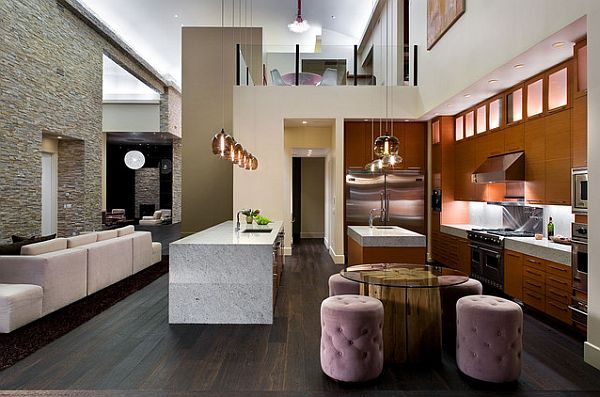 Modern kitchen with glass round table on wood