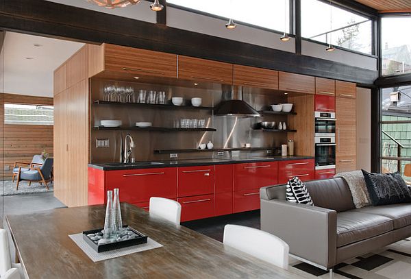 open plan kitchen design with red cabinets