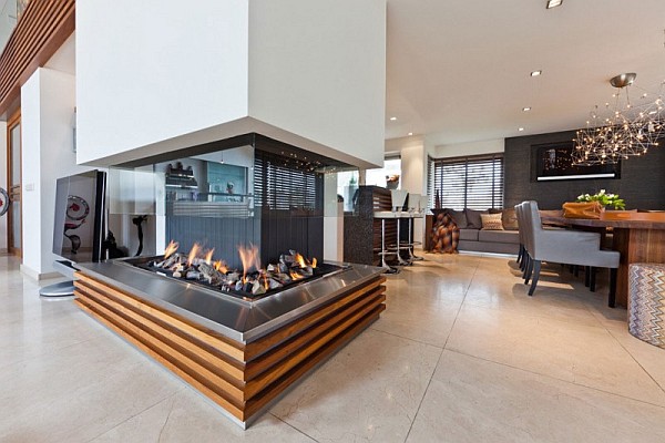 stylish dining room with firepit